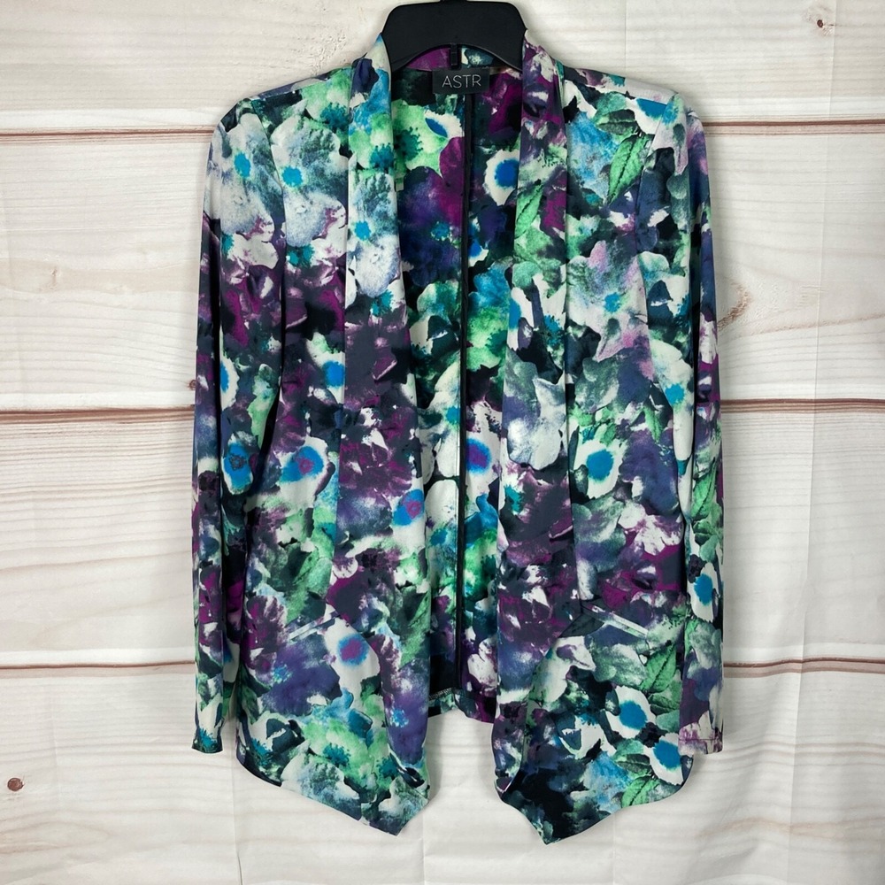 ASTR Blazer Womens S Floral Shawl Collar Jacket Lightweight Open Front Colorful
